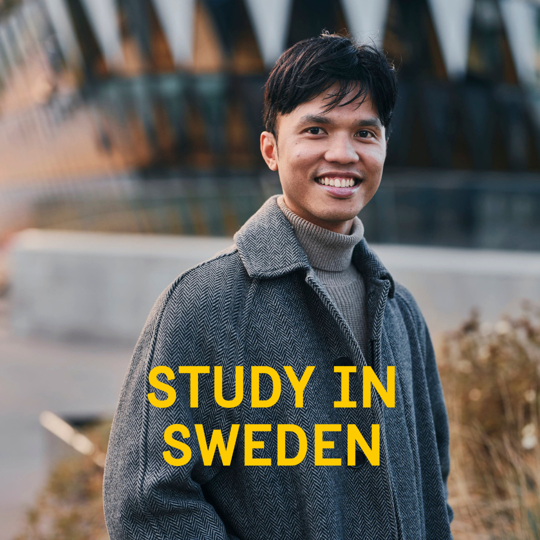 Photo of a smiling man. Yellow text on picture: "Study in Sweden".